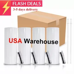 USA CA Local Warehouse 20oz Sublimation Straight Tumblers Blanks White Stainless Steel Vacuum Insulated Slim DIY 20 oz Cup Car Coffee Mugs White