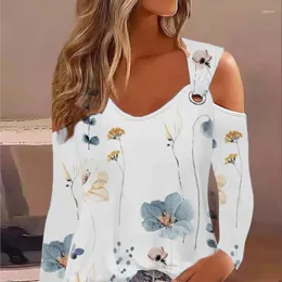 Women's Blouses Casual Loose And Minimalist Printed Metal Buckle V-neck Long Sleeved Shirt Tops 2023 Sexy Off Shoulder Blouse Mujer