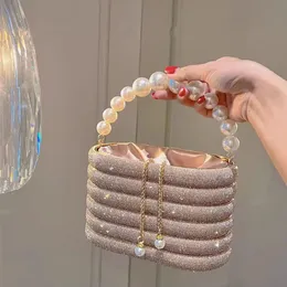 Evening Bags Crystal Metal Evening Clutch Bags Women Boutique Pearl Handle Shiny Color Blocking Rhinestone Purses And Handbags Bridal Wedding 231204