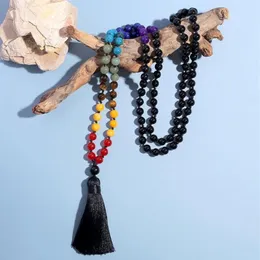 Colares Pingente Showboho 108 Mala Beads 7 Chakra Colar 8mm Preto Onyx Atado Meditação Yoga Oração Rosário para Homens e Mulheres241S