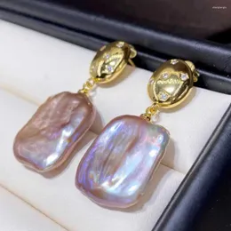 Dangle Earrings 18K Zircon Purple Freshwater Pearl Square Pendant Christmas Party VALENTINE'S DAY HOOK Diy Cultured Lucky Beautiful