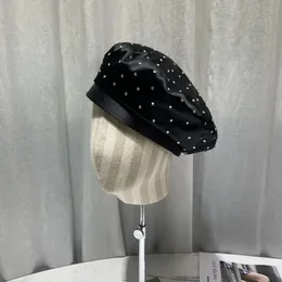 Berets Cetim Strass Boina Cap Moda Feminina Preto Pintor Chapéu Primavera e Outono Octogonal Chapéus Sboy Gorras Casquette 231204