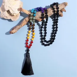 Anhänger Halsketten Showboho 108 Mala Perlen 7 Chakra Halskette 8mm Schwarzer Onyx geknotet Meditation Yoga Gebet Rosenkranz für Männer und Frauen3102