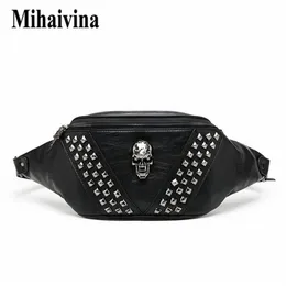 Mihaivina punk rebite crânio masculino cintura saco feminino preto fanny pacote de couro peito feminino ombro mensageiro bum s 220216290u