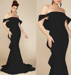 Aftonklänningar svart prom klänning party formell sjöjungfru trumpet ny anpassad dragkedja snörning upp ärmlös elastisk satin off-shoulder