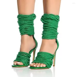 Sandali Sandalo annodato verde Punta aperta Stringata Corda Avvolgente alla caviglia Tacco a spillo Moda estiva Scarpe eleganti da donna
