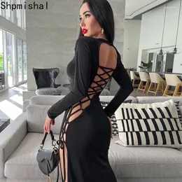 Casual Dresses Europe And America 2023 Autumn Fashion Style Slanted Split Dress Lace Up Long Sleeve Hollow Fit Female Clothes