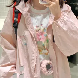 Damen Jacken Stickerei Japan Stil Sommer Oberbekleidung Langarm Süße dünne Frauen Kapuzenmäntel Kawaii Jacke Harajuku Reißverschluss Y2k