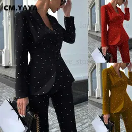 Calças femininas de duas peças cm. yaya outono inverno dot conjunto feminino manga longa blazer topos + calças terno senhora do escritório agasalho conjunto de duas peças roupas de fitness t231204