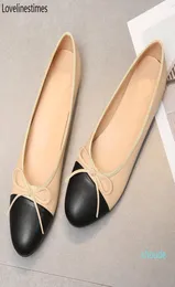 Designer Women Ballet Flats Classic Shoes Leather Tweed Cloth Two Color Splice Bow Round Ballet Shoe Fashion Flats Women Shoes4930274