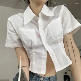 Women's Blouses MEXZT White Shirts Women Korean Fashion Slim Crop Tops Summer Preppy Style Short Sleeve Turn Down Collar Student Basic