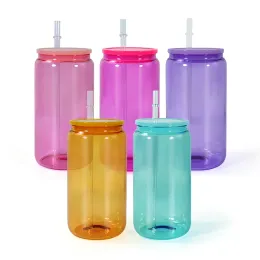 Lattina di vetro colorato da 16 once a sublimazione con coperchi in PP Bottiglia a forma di bicchiere con coperchio e cannuccia Bicchieri estivi Mason Jar Juice Cup BJ