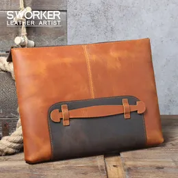 Briefcases S.WORKER Vintage Genuine Leather Men Handbag Portfolio Cowhide File Package 13' Laptop Sleeve Notebook Cowhide Briefcase Women 231204