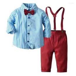 Conjuntos de roupas fornecimento direto meninos primavera na moda listrado de manga comprida laço camisa cinta crawler terno tenda atacado