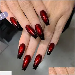 False Nails 24Pcs/Set Long Coffin Fashion Finished Red Black Gradient Fake Beauty Nail Decal Ballerina Fl Art Tips Drop Delivery Hea Dhm43