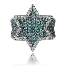 New Iced Out Full Cubic Zircon Franklin Mint Green Gemstone Men's Hexagonal Star Gold Ring Hiphop Jewelry Gift2908