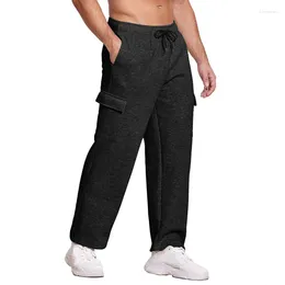 Männer Hosen Casual Mittlere Taille Kordelzug Jogginghose Streetwear 2023 Einfarbig Gerade Cargo Männer Kleidung Taschen Hosen