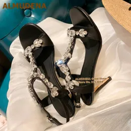 Sandals ALMUDENA Sparkly Crystal T-Strap High Heel Bling String Beaded Gem Floral Wedding Shoes Glitter Rhinestone Pumps