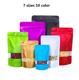 9 Storlek Stand Up Aluminium Foil Bag med Clear Window Plastic Candy Coffee Package Pouch Pouch Zipper Reclosabel Food Grad Smöjlighet Förpackningspåsar