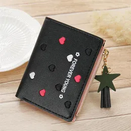 Brieftaschen Frauen Kurze Reißverschluss Koreanische Version Gestickte Linie Liebe Herz Quaste Leder Geldbörse Karte Paket Cartera Mujer257F