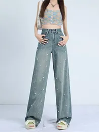 Women's Jeans Japanese 2000s Style Y2K Fashion Pearl Baggy Kpop Pants For Women Clothing Washed Blue Harajuku Lady Denim Trousers