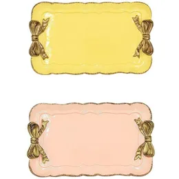Plateau de rangement à nœud rétro européen, 2 pièces, décoration en résine, plateau à fruits, bijoux, boîte de rangement de cosmétiques, jaune rose 288A