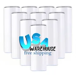 USA CA Kostenloser Versand Double Wall Sublimation Blank Cup 20 oz Skinny Sublimation Cup Straight Wall mit Kunststoffstrohhalm und Deckel