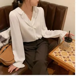 Blusas femininas hanchen blusa coreana manga longa camisa vermelha branca feminina solta casual básica tops roupas moda cor pura