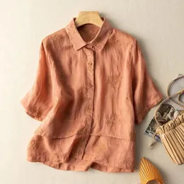 Women's Blouses Arrival Summer Arts Style Women Short Sleeve Turn-down Collar Casual Shirts Vintage Embroidery Cotton Linen Blouse Tops P198