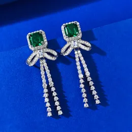 Bowknot Emerald Diamond Dangle Earring 100% Real 925 Sterling Silver Wedding Drop Earrings for Women Bridal Engagement Jewelry