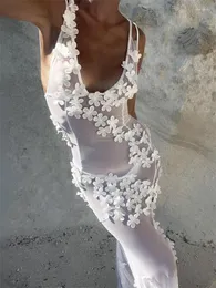 Повседневные платья TARUXY Белое платье с цветочным принтом для женщин Прозрачное макси облегающее летнее кружевное шифоновое платье для свадебной вечеринки и ночи Vestidos Cover-up