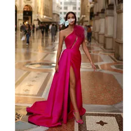 Arabic Aso Ebi Hot Pink Evening Dresses Ruched One Shoulder Formal Prom Gowns Vestidos de Novia Plus Size Feather Women Dress