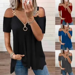 Koszulka damska xs-5xl moda Kobiety Sumny swobodny łańcuch bluzki Zimne ramię zwykły czarny krótki rękaw T-shirt seksowne kolory topy w dekolcie T231204