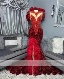 Sparkly Red Diamonds Long Prom Dresses Glittercrystal Beading Rhinestones Sequins Feathers Birthday Party Dress