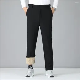 Men's Pants Men Fleece Suit Thickened Lined Winter Elastic High Waist Pockets Windproof Ideal For Mid-aged Casual