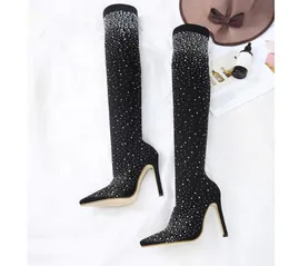 New Pattern Autumn Winter Over the Knee Women Boots Stretch Sock Boots Flat Slip On Shoes Rhinestone Pointed Toe Woman Long Boots4482248