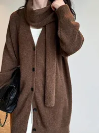 Women's Knits Relaxed Luxurious Solid Color Long Knitted Cardigan With Scarf Korean-style V-neck Loose Sweater Jacket Lazy Casual Vibes
