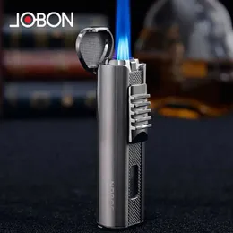 Jobon acampamento ao ar livre à prova de vento butano sem gás isqueiro turbo poderosa tocha 3 jato chama azul em linha reta metal charuto presente masculino