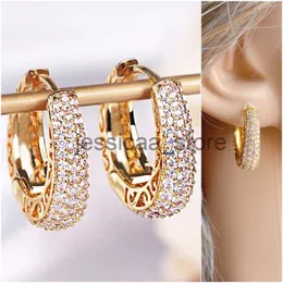 Stud Huitan Luxury Paved CZ Hoop Earrings for Women Gold Color Hollow Out Design Temperament Female Ear Accessories Fashion Jewelry J231204