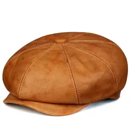 Basker läder hatt basker män höst brittiska y blindare retro cowhide åttonal hatt vinter sboy målare mössa kaffe boina hombre 231204