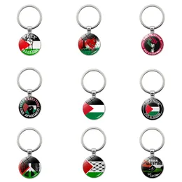 Crystal Glass Palestine Pendant Keychains Round Shape Glasses And Alloy Car Key Chain Good Peace Keychain Gift 12 Styles