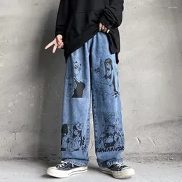 Mäns jeans hiphop män kvinnor harajuku streetwear lösa breda ben rak casual denim byxor unisex tecknad anime manga tryckbyxor