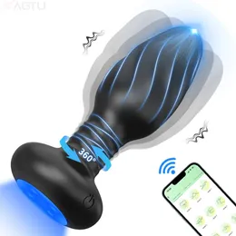 Anal Toys 360° Rotation Vibrating Butt Plug for Men Wiggle Prostate Massager Gay APP Vibrator with LED Sex Toy Couples 231204