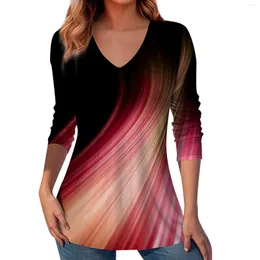 Women's T Shirts Fashion V-Neck Tops Casual Long Sleeve Geometric Star Print Pullover Gradient Color Slim Fit Ropa Mujer