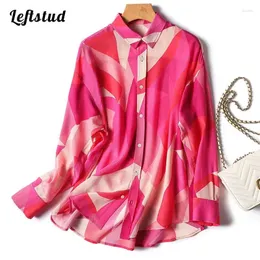 Damesblouses Roze Geometrische Afdrukken Dunne Vintage Chic Kantoor Dame Losse blouse met lange mouwen Koreaanse mode Vrouwelijke kleding Tops