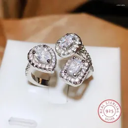 Cluster Rings 925 Silver Exquisite Three Water Drop Zircon Opening Ring For Women Full Diamond Wedding Party Birthday Gift Wholesale