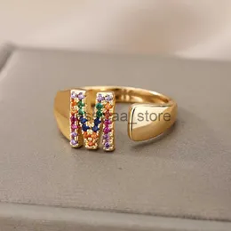 Band Rings Rainbow Zircon Letter Rings for Women Gold Color Stainless Steel Initial RAdjustable WeddCouple Rings Boho Jewelry Bague J231204