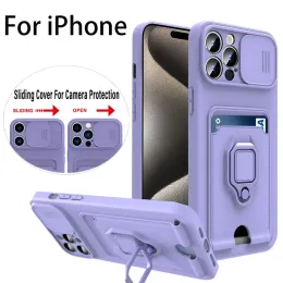 Slide câmera tpu caso para iphone 15 11 12 13 14 pro max xs x xr 8 7 14 plus à prova de choque armadura slots para cartão carteira silicone suporte capa