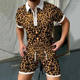 Männer Trainingsanzüge 2023 Sommer Trainingsanzug 3D Gedruckt Leopard Korn Polo ShirtShorts Set Casual Drehen Unten Kragen T-Shirt Anzug Für männliche Kleidung