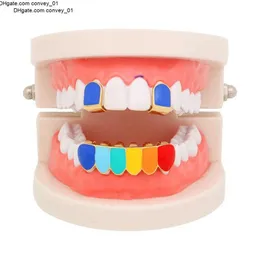 Placcato oro 18K Vampiro colorato Singolo su e in bassoGriglie per denti Hip Hop Blu Rosso Fang Grillz Halloween Dente dentale Cap Gioielli all'ingrosso